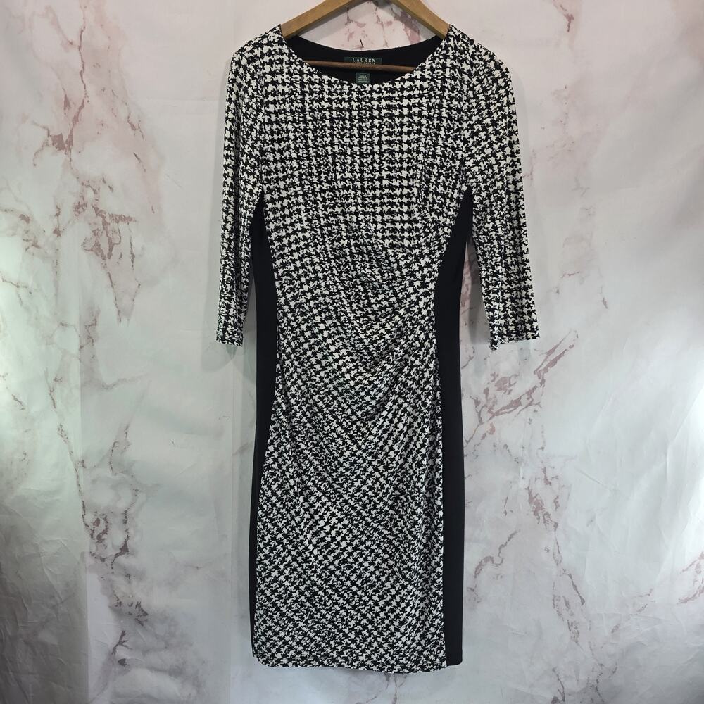 Lauren Ralph Lauren Dress Womens 10 Medium Black White Ruched Houndstooth
